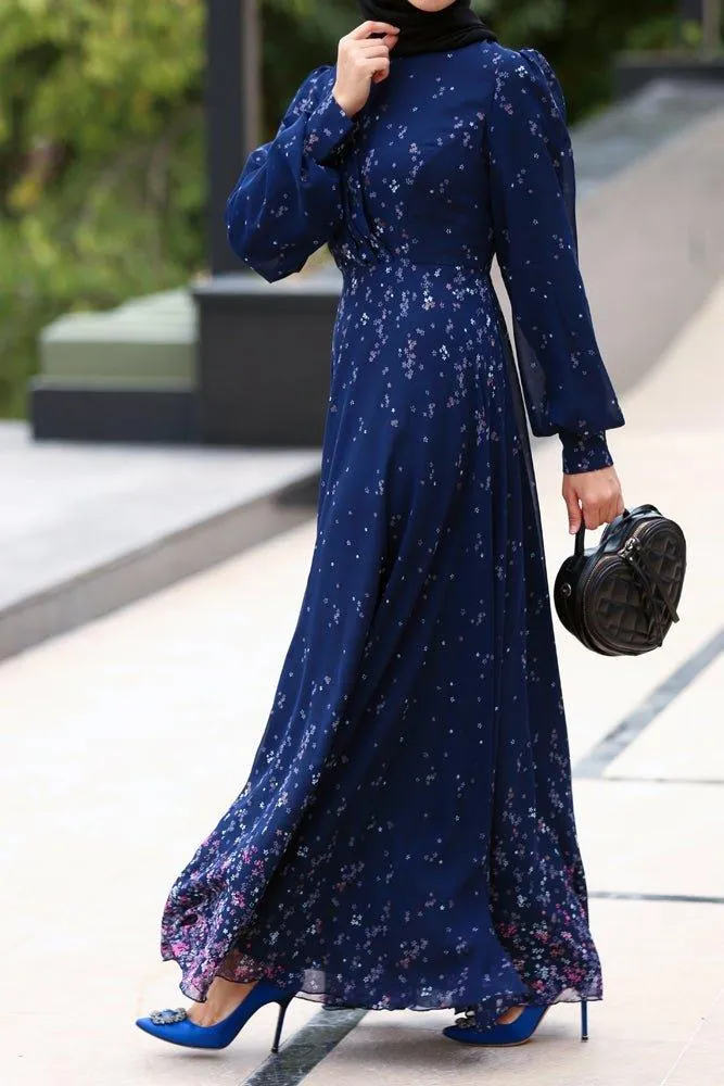 Firella viscose drape ruffle Maxi dress with baloon long sleeves in blue floral print