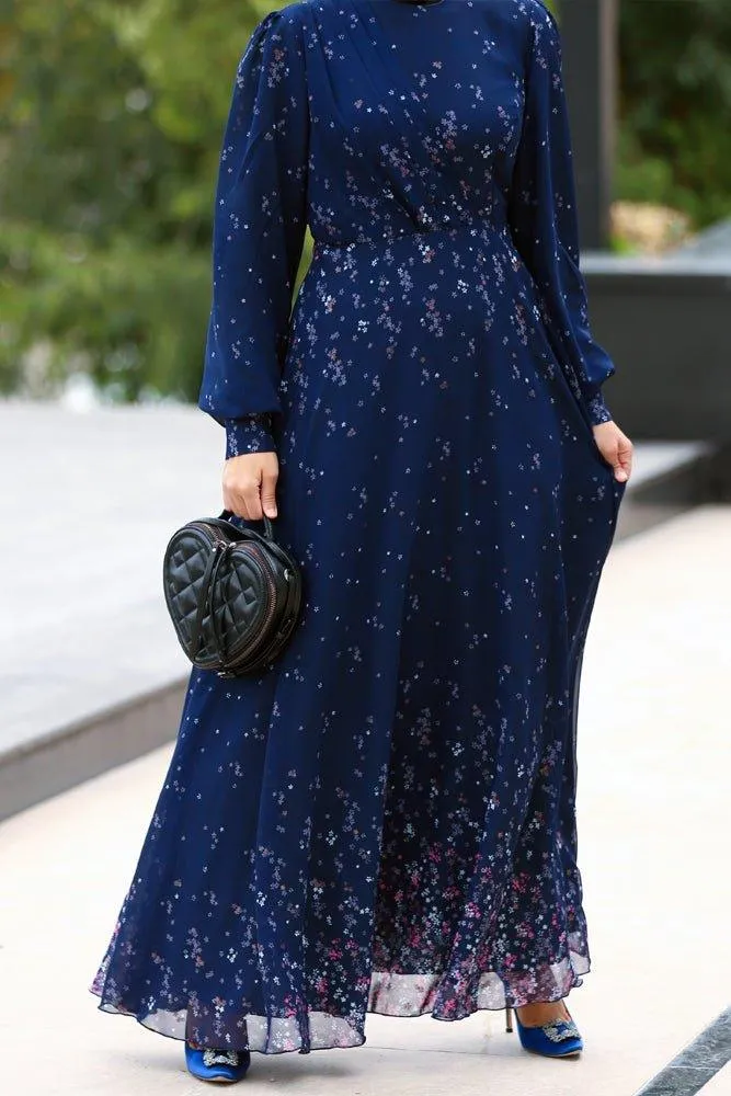 Firella viscose drape ruffle Maxi dress with baloon long sleeves in blue floral print