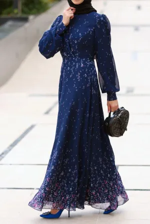 Firella viscose drape ruffle Maxi dress with baloon long sleeves in blue floral print