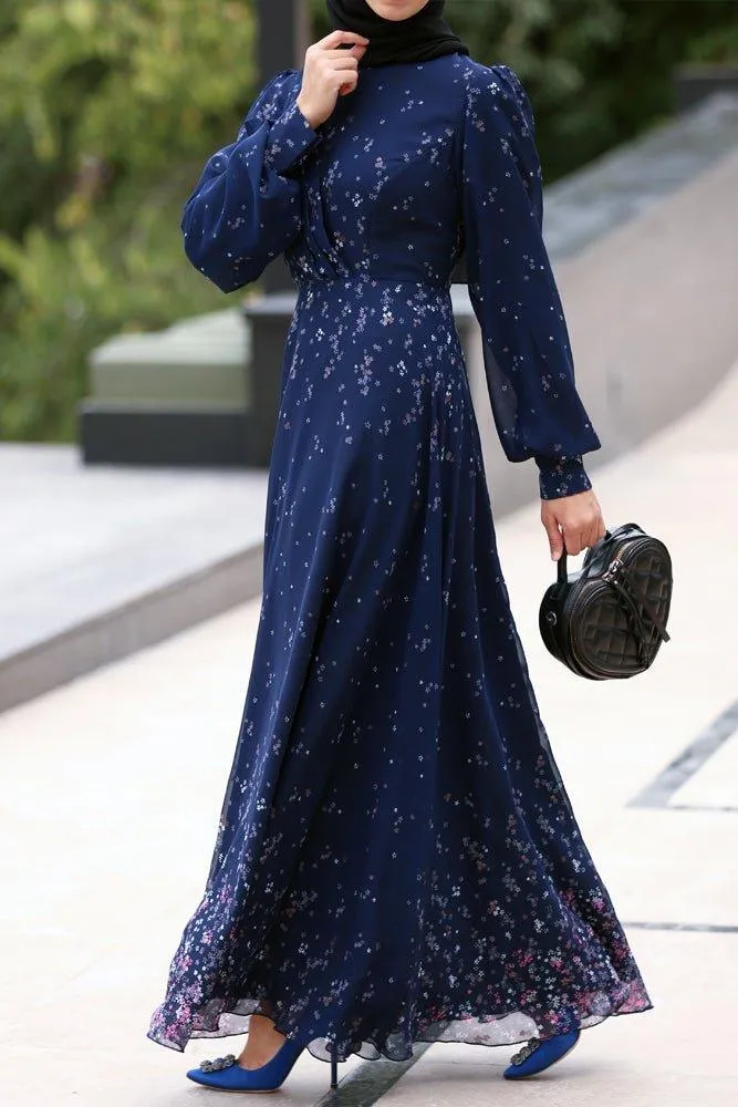 Firella viscose drape ruffle Maxi dress with baloon long sleeves in blue floral print