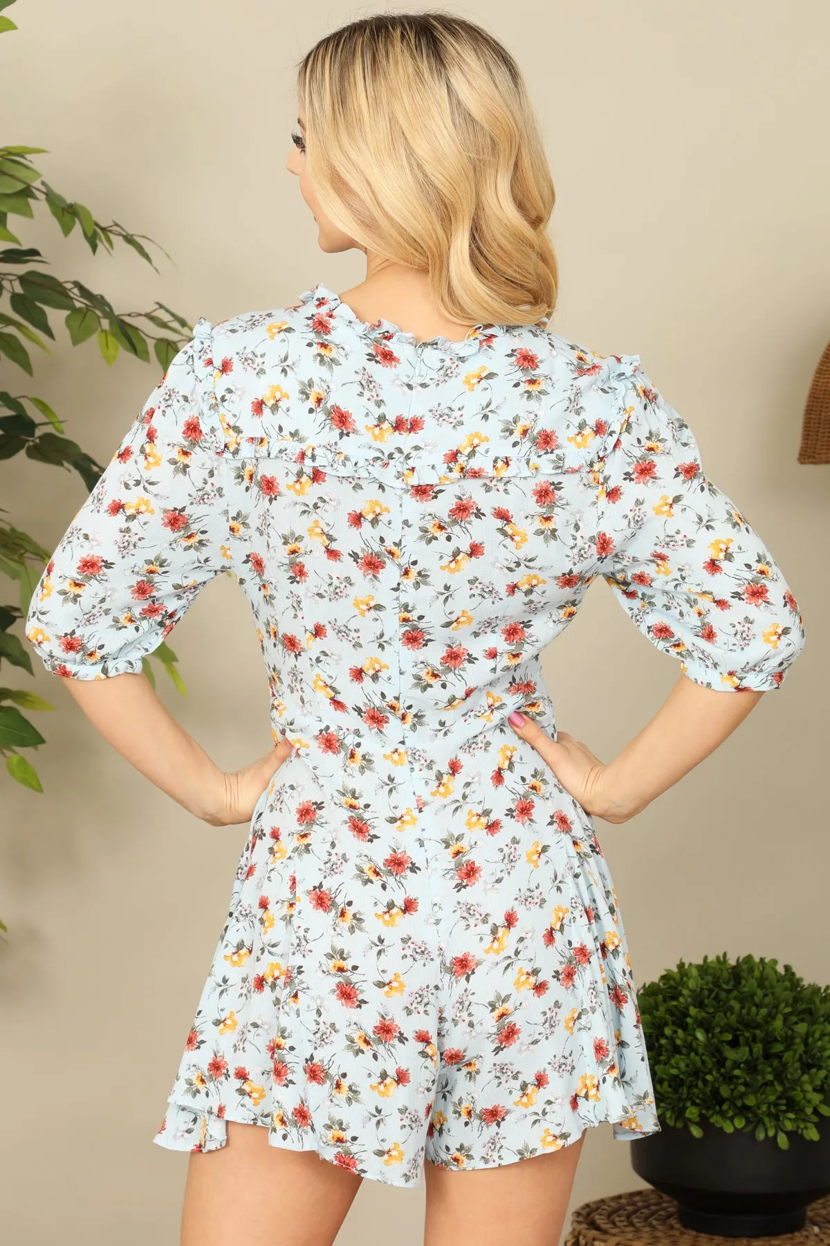 Floral Hald Puff Sleeve V-Neck Tie Detail Romper