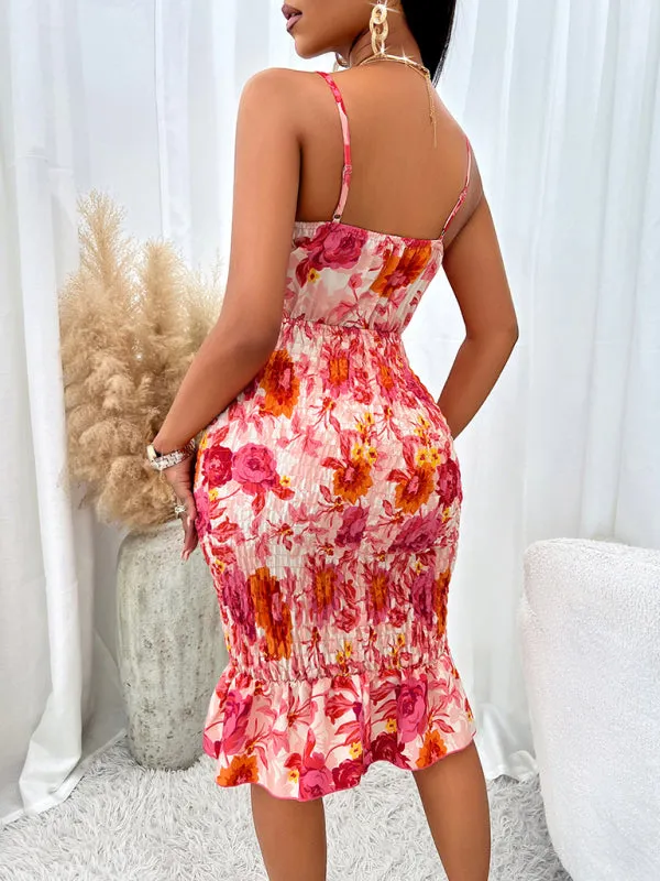Floral Print Tie-Front Dress with Smocked Bodycon Fit