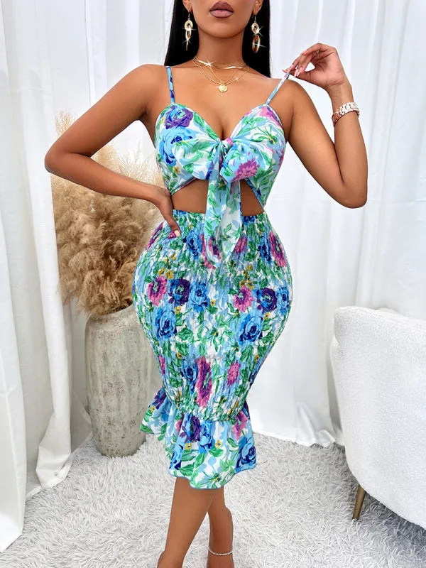 Floral Print Tie-Front Dress with Smocked Bodycon Fit
