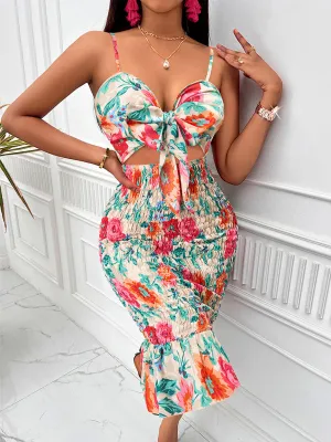 Floral Print Tie-Front Dress with Smocked Bodycon Fit