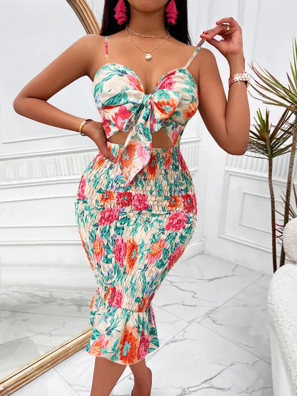 Floral Print Tie-Front Dress with Smocked Bodycon Fit