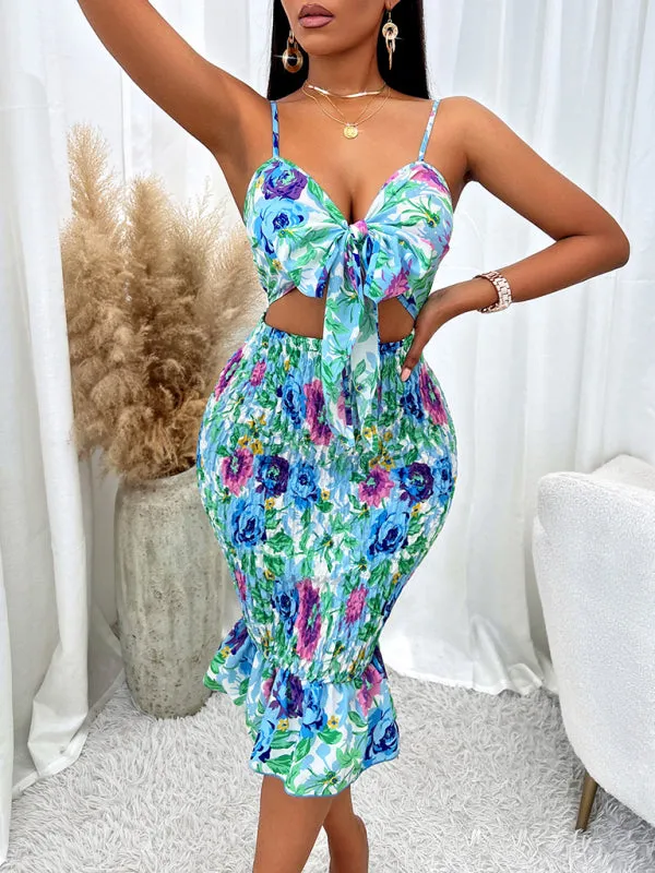 Floral Print Tie-Front Dress with Smocked Bodycon Fit