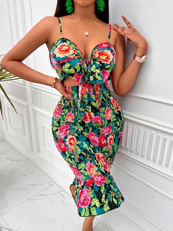 Floral Print Tie-Front Dress with Smocked Bodycon Fit