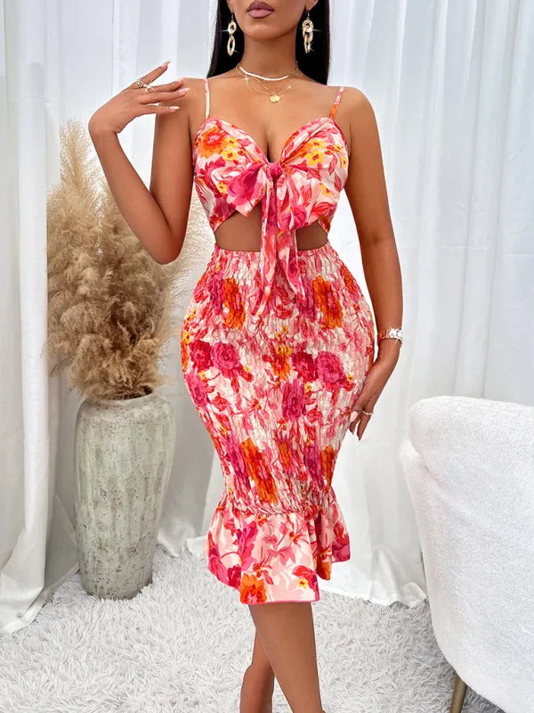 Floral Print Tie-Front Dress with Smocked Bodycon Fit