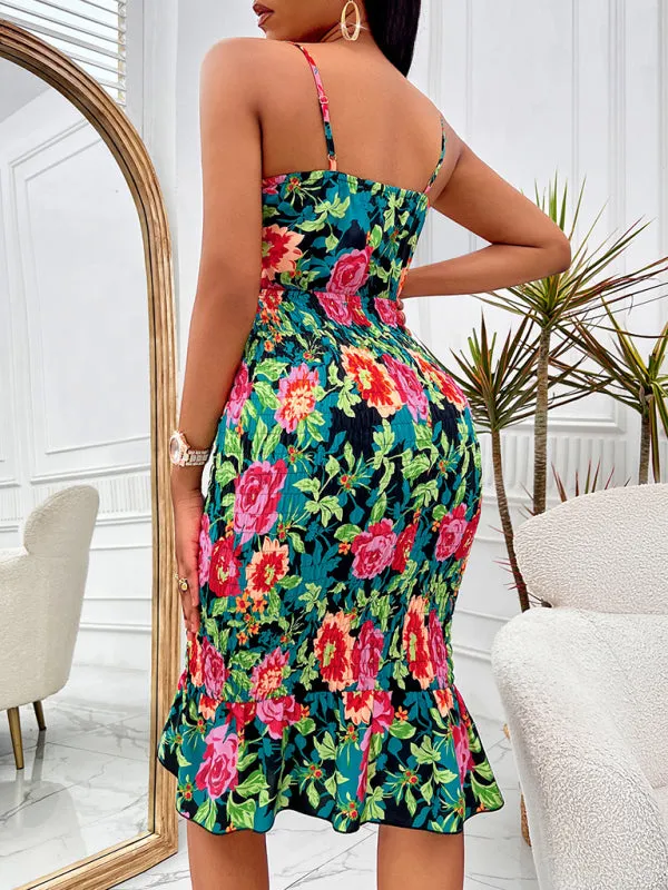 Floral Print Tie-Front Dress with Smocked Bodycon Fit