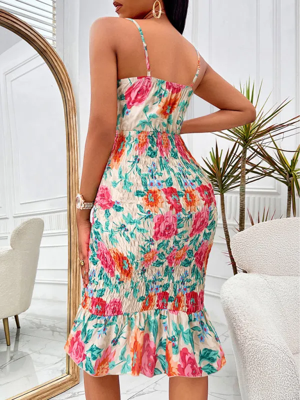 Floral Print Tie-Front Dress with Smocked Bodycon Fit
