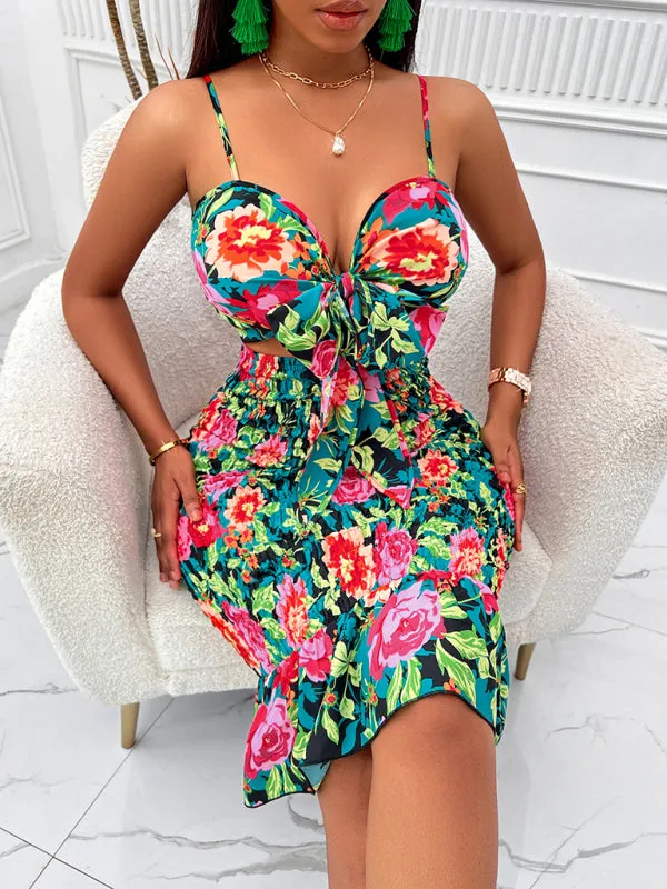 Floral Print Tie-Front Dress with Smocked Bodycon Fit