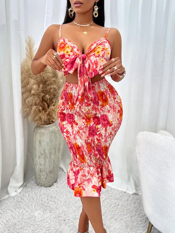 Floral Print Tie-Front Dress with Smocked Bodycon Fit