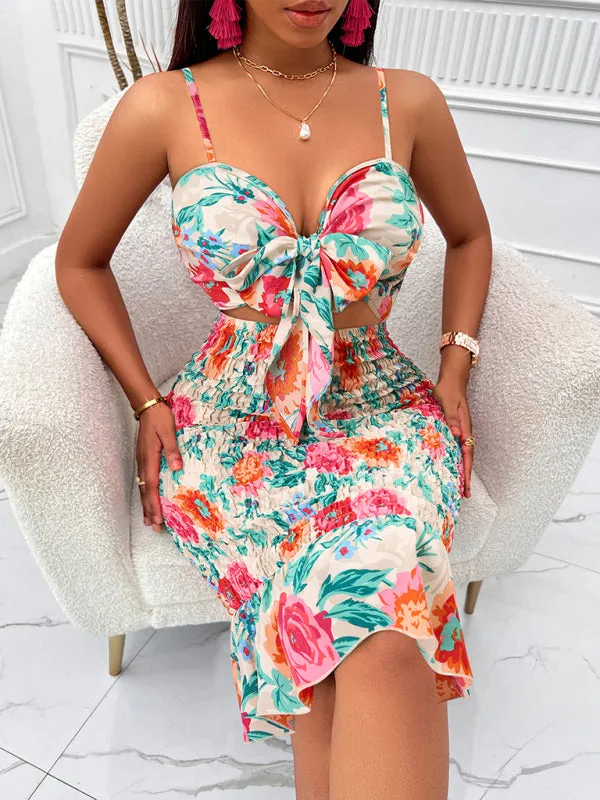 Floral Print Tie-Front Dress with Smocked Bodycon Fit