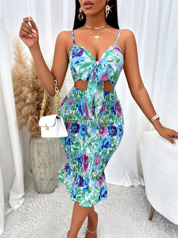 Floral Print Tie-Front Dress with Smocked Bodycon Fit