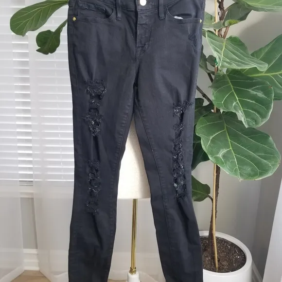 Frame Le skinny de Jeanne black distressed denim jeans size 25