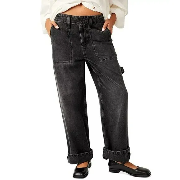 Free People Major Leagues Mid Rise Cuffed Black Jeans Size 26 (MSRP $128)
