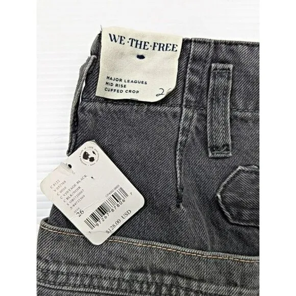 Free People Major Leagues Mid Rise Cuffed Black Jeans Size 26 (MSRP $128)