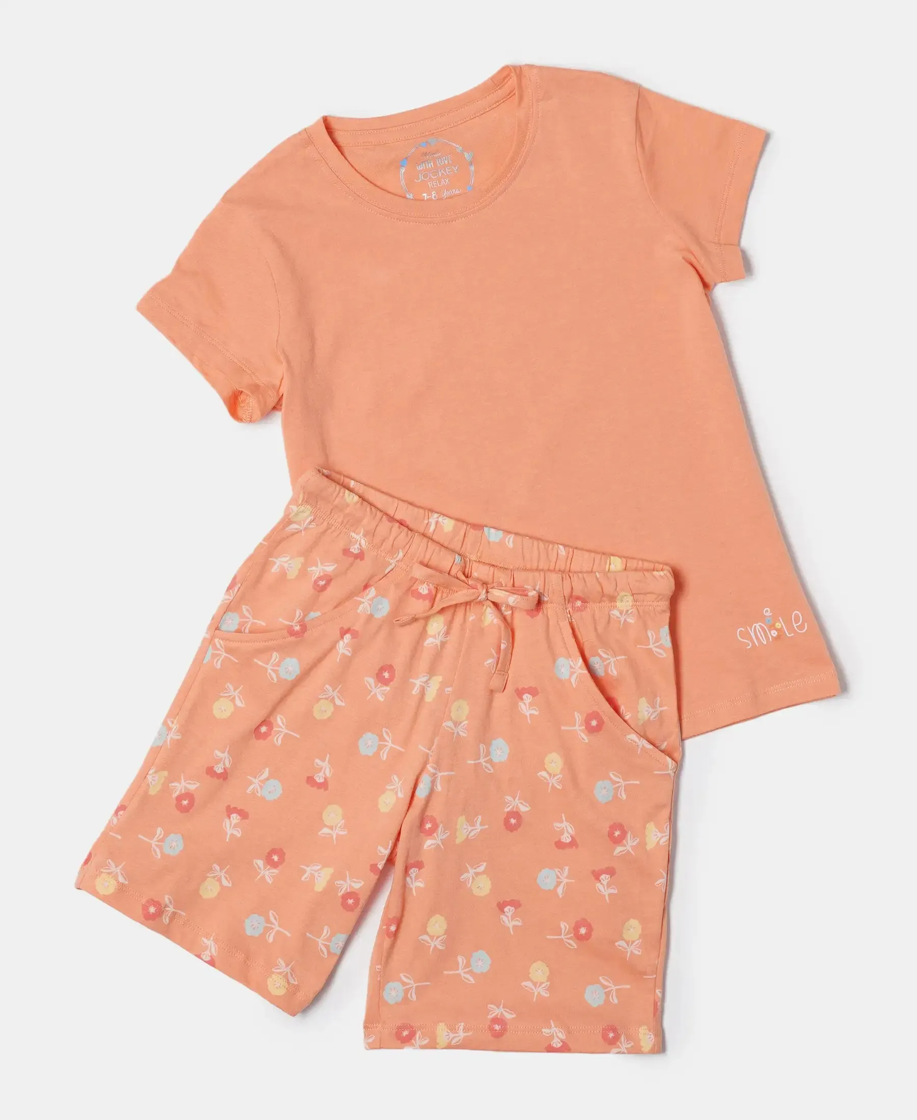 Girl's Super Combed Cotton Short Sleeve T-Shirt and Printed Shorts Set - Coral Reef