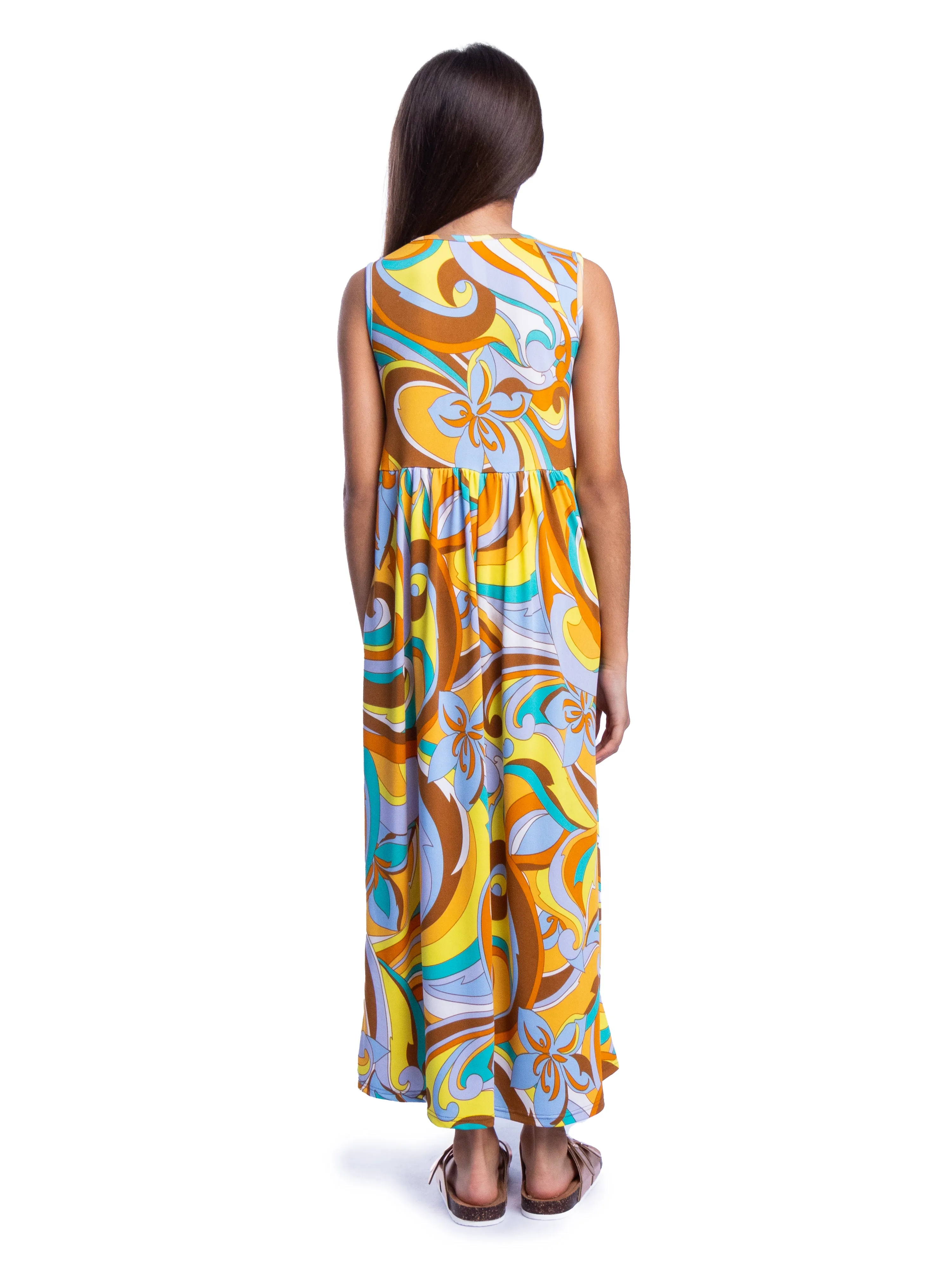 Girls Yellow Floral Print Sleeveless Maxi Dress