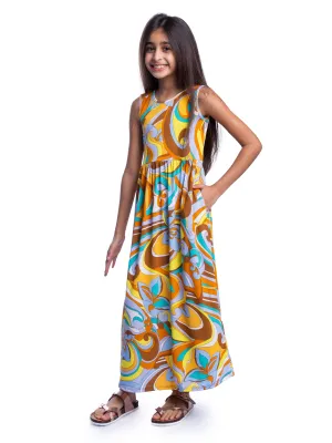 Girls Yellow Floral Print Sleeveless Maxi Dress