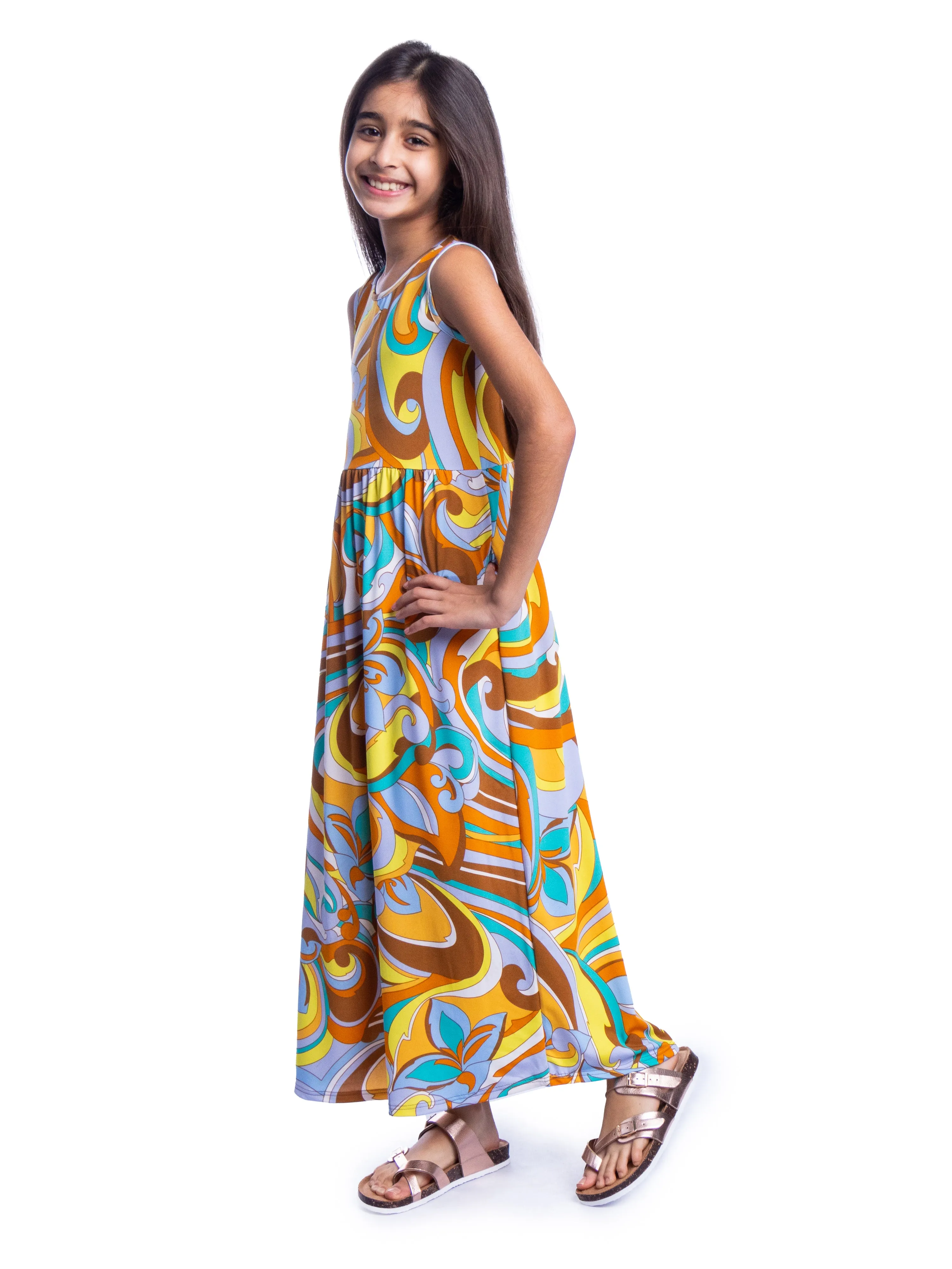 Girls Yellow Floral Print Sleeveless Maxi Dress