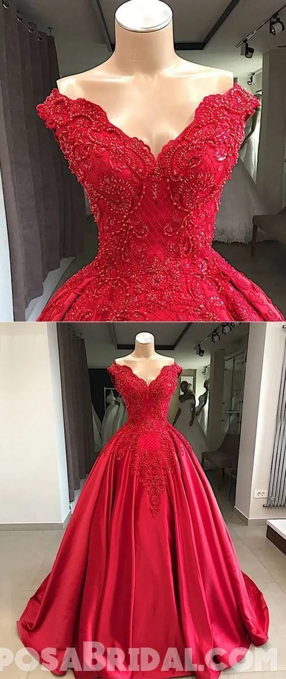 Gorgeous Red lace Satin Ball Gown，Modest High Quality Long Prom Dresses with beading,PD1290