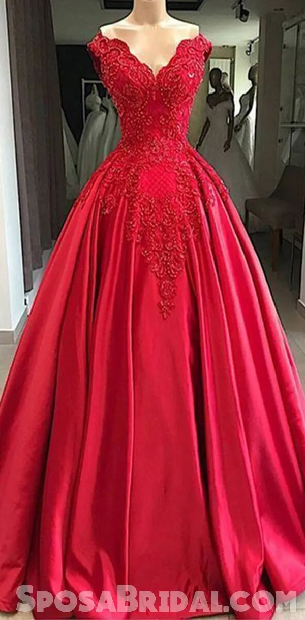 Gorgeous Red lace Satin Ball Gown，Modest High Quality Long Prom Dresses with beading,PD1290