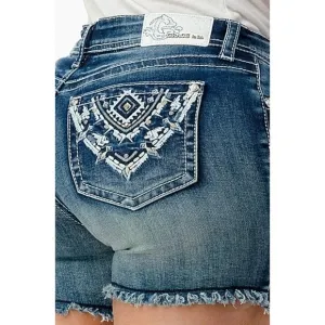 Grace in LA Women's Aztec Embroidered Cut Off Raw Hem Stretch Denim Jean Shorts