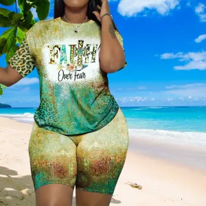 Green 4XL Faith Leopard Shorts Set