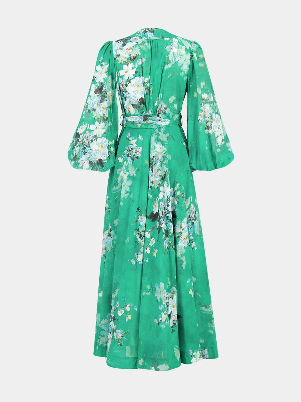Green Floral Cotton Wrap Midi Dress