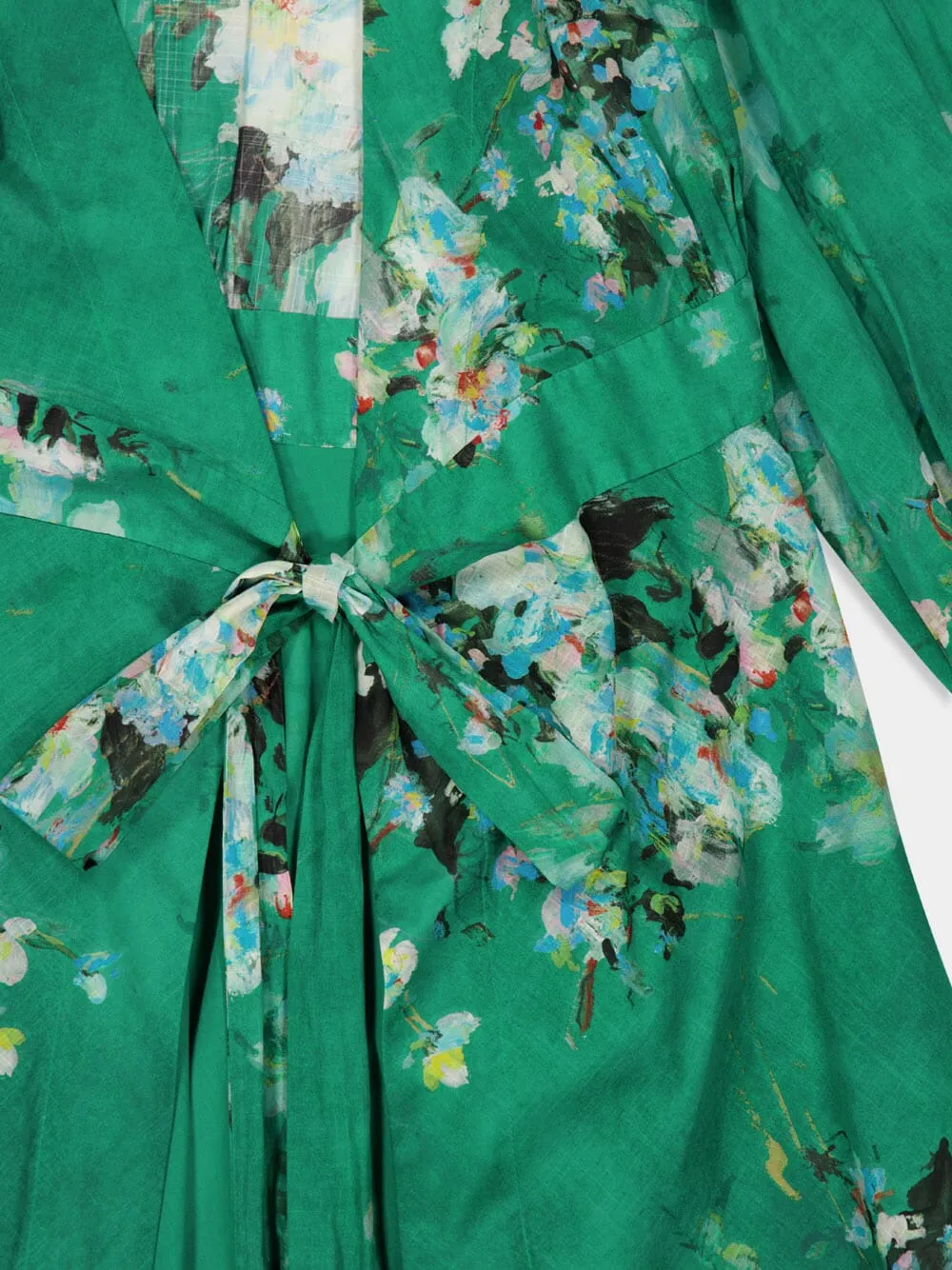 Green Floral Cotton Wrap Midi Dress