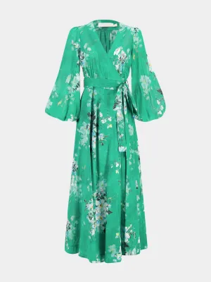 Green Floral Cotton Wrap Midi Dress