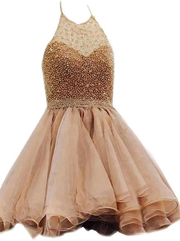 Halter Beaded Organza Short Cheap Homecoming Dresses 2018, BDY0208