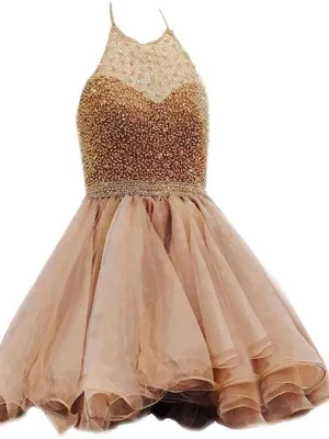 Halter Beaded Organza Short Cheap Homecoming Dresses 2018, BDY0208