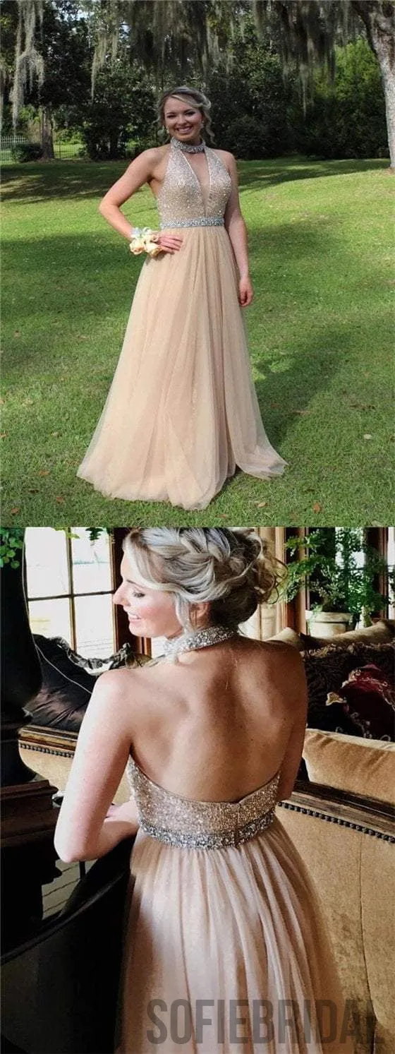 Halter Beaded Prom Dresses, Lovely Tulle Prom Dresses, Cheap Prom Dresses, PD0612