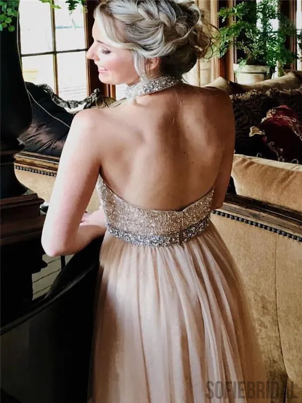 Halter Beaded Prom Dresses, Lovely Tulle Prom Dresses, Cheap Prom Dresses, PD0612