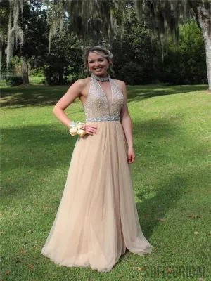 Halter Beaded Prom Dresses, Lovely Tulle Prom Dresses, Cheap Prom Dresses, PD0612