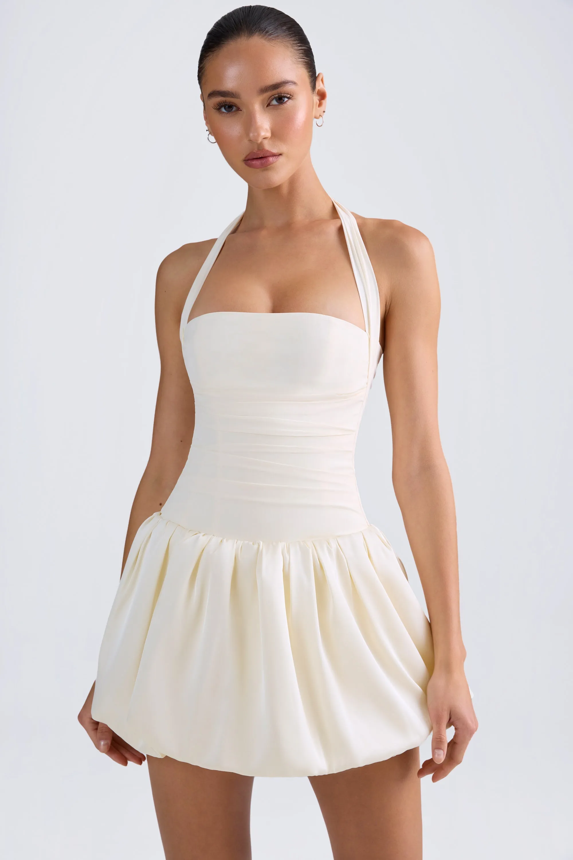 Halterneck Lace-Up Bubble Hem Corset Micro Mini Dress in Ivory
