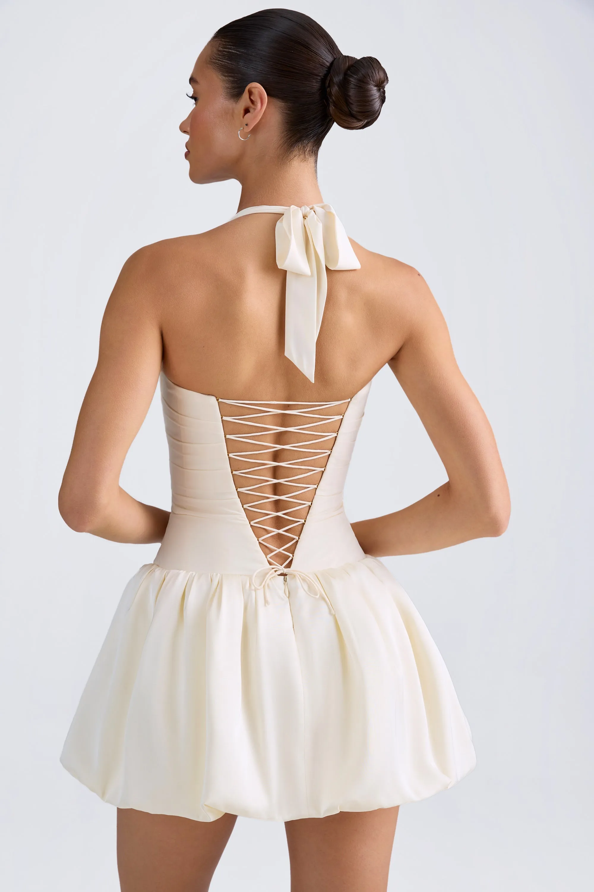 Halterneck Lace-Up Bubble Hem Corset Micro Mini Dress in Ivory