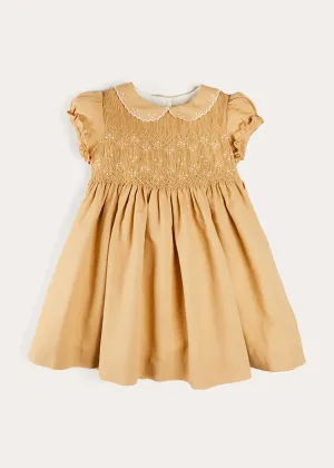 Hand Smocked Peter Pan Collar Short Sleeve Dress in Beige (12mths-10yrs)