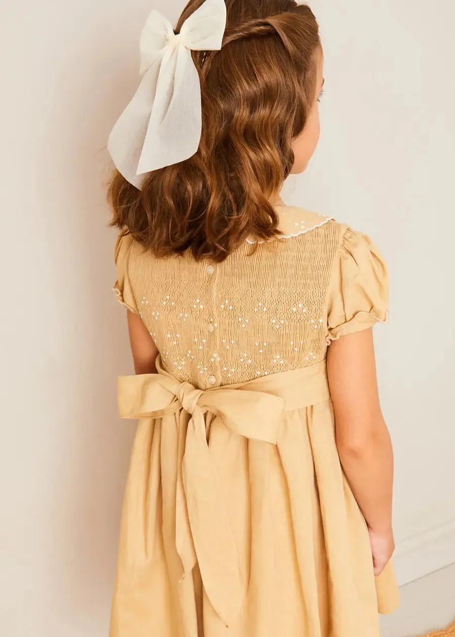 Hand Smocked Peter Pan Collar Short Sleeve Dress in Beige (12mths-10yrs)