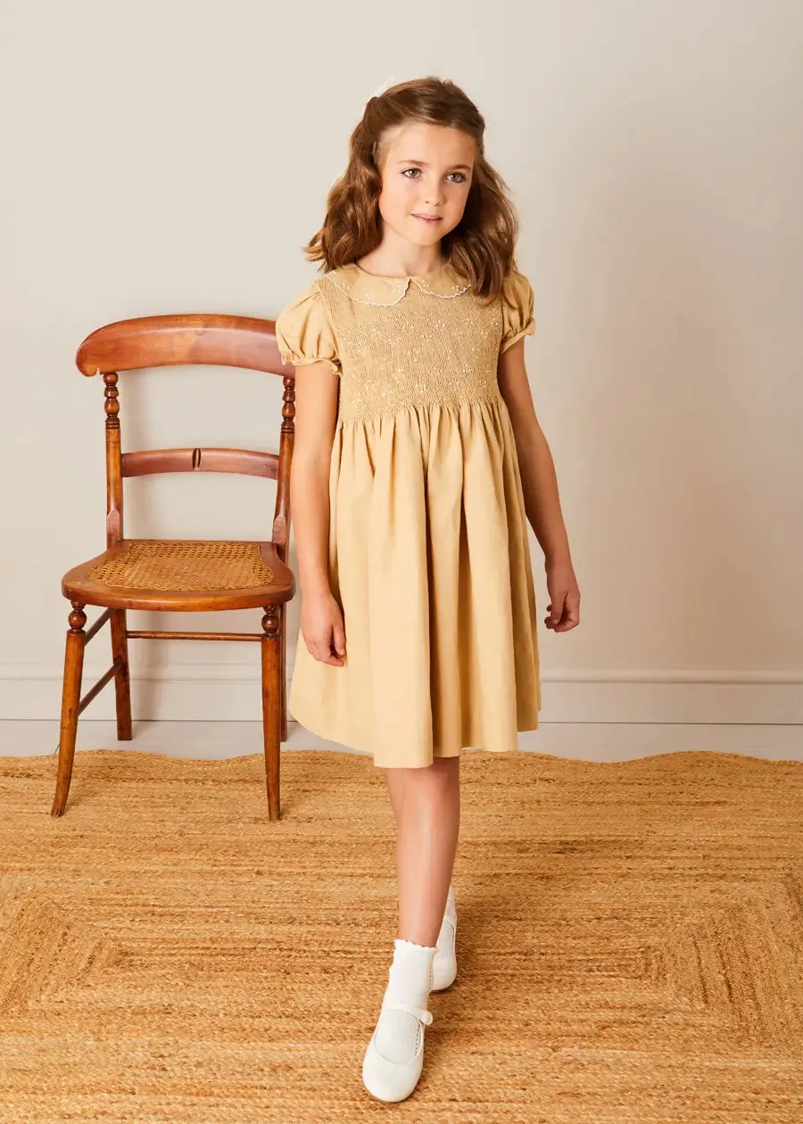 Hand Smocked Peter Pan Collar Short Sleeve Dress in Beige (12mths-10yrs)