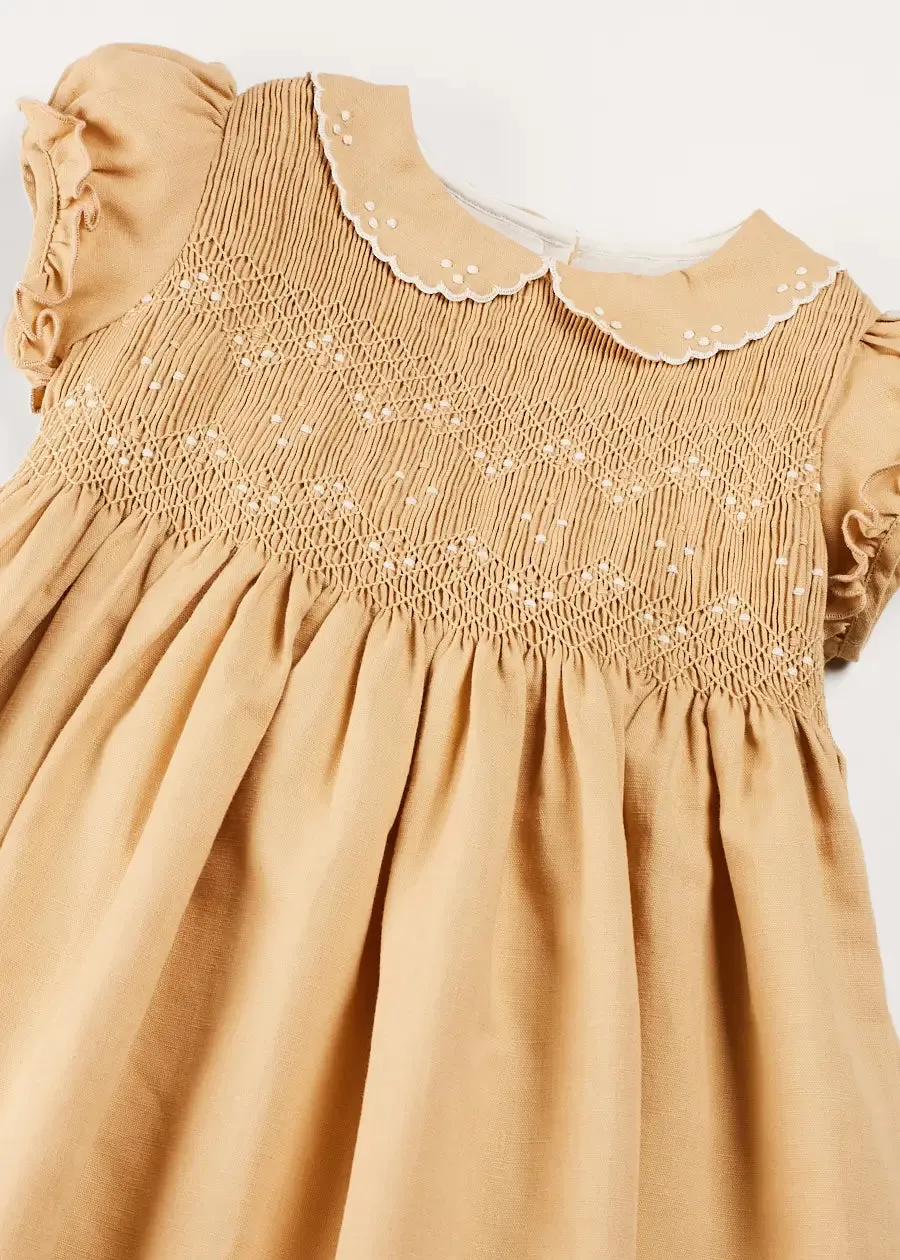 Hand Smocked Peter Pan Collar Short Sleeve Dress in Beige (12mths-10yrs)