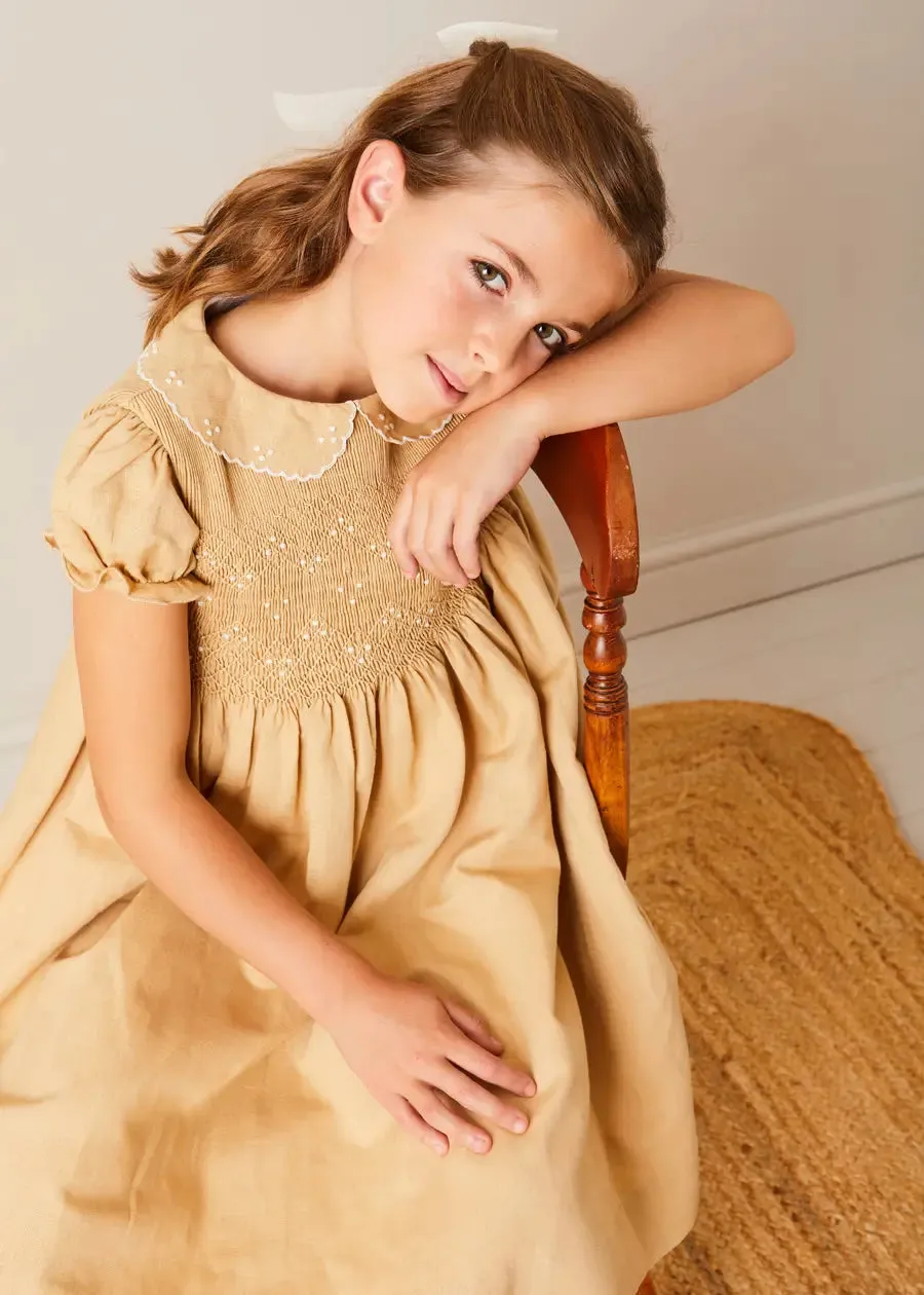 Hand Smocked Peter Pan Collar Short Sleeve Dress in Beige (12mths-10yrs)