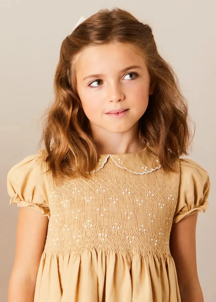 Hand Smocked Peter Pan Collar Short Sleeve Dress in Beige (12mths-10yrs)