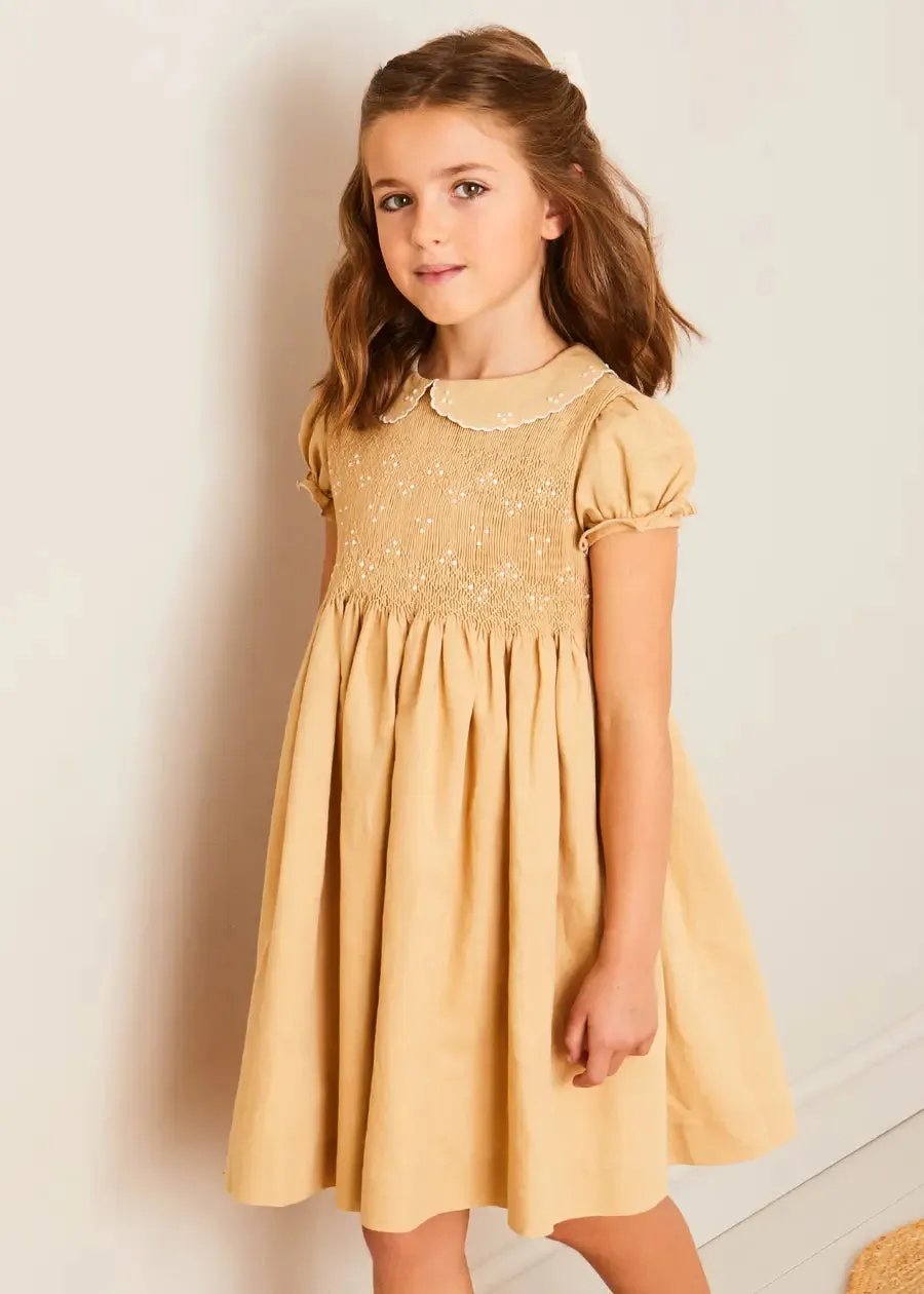 Hand Smocked Peter Pan Collar Short Sleeve Dress in Beige (12mths-10yrs)