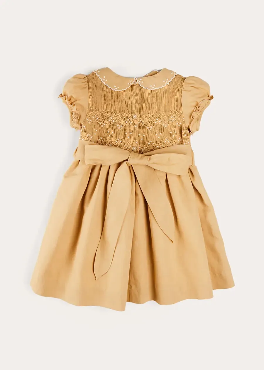 Hand Smocked Peter Pan Collar Short Sleeve Dress in Beige (12mths-10yrs)