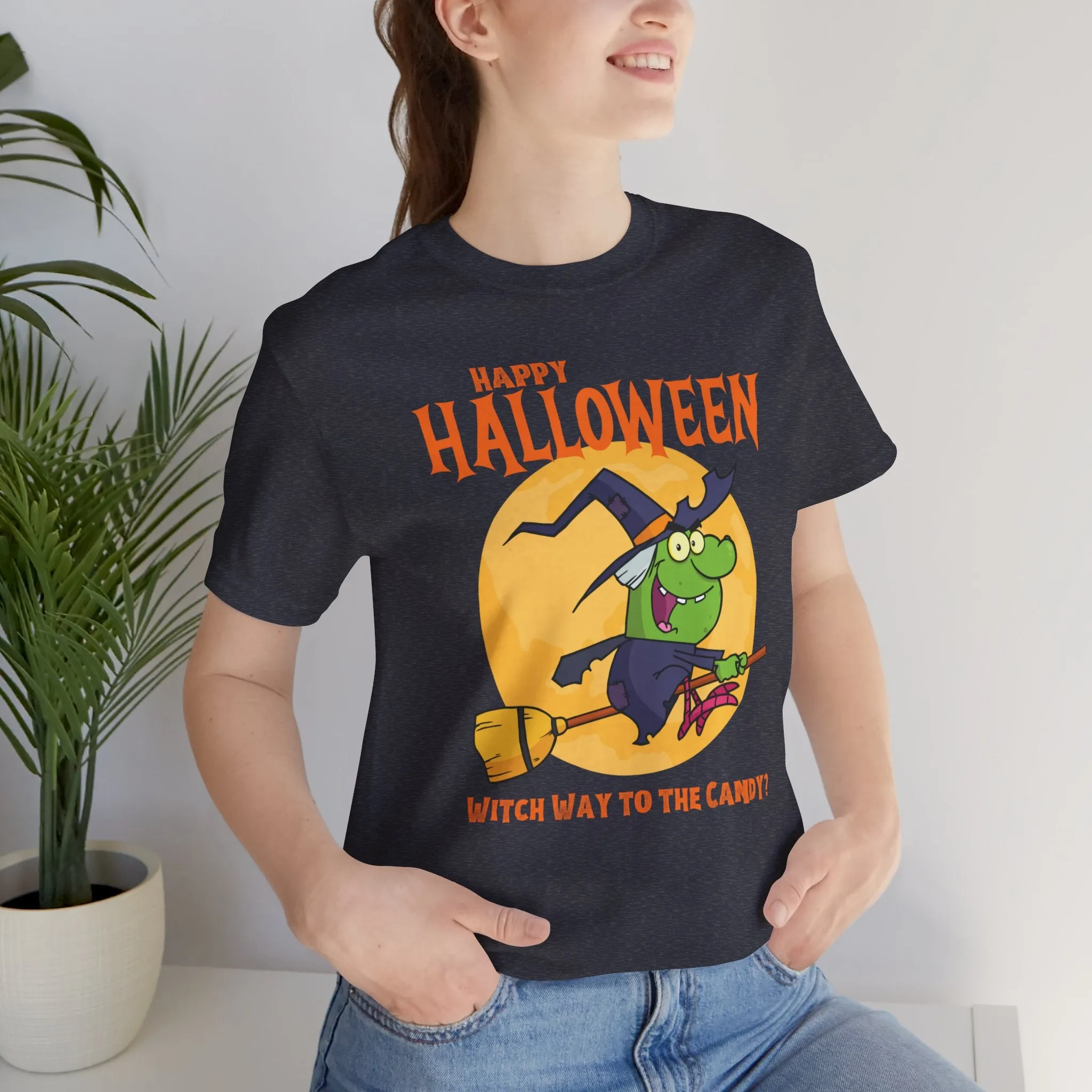 Happy Halloween Witch Way to the Candy T-Shirt | Flying Witch Front of the Moon Tee |  Bella Canvas 3001Unisex | Funny Short Sleeve Tshirt