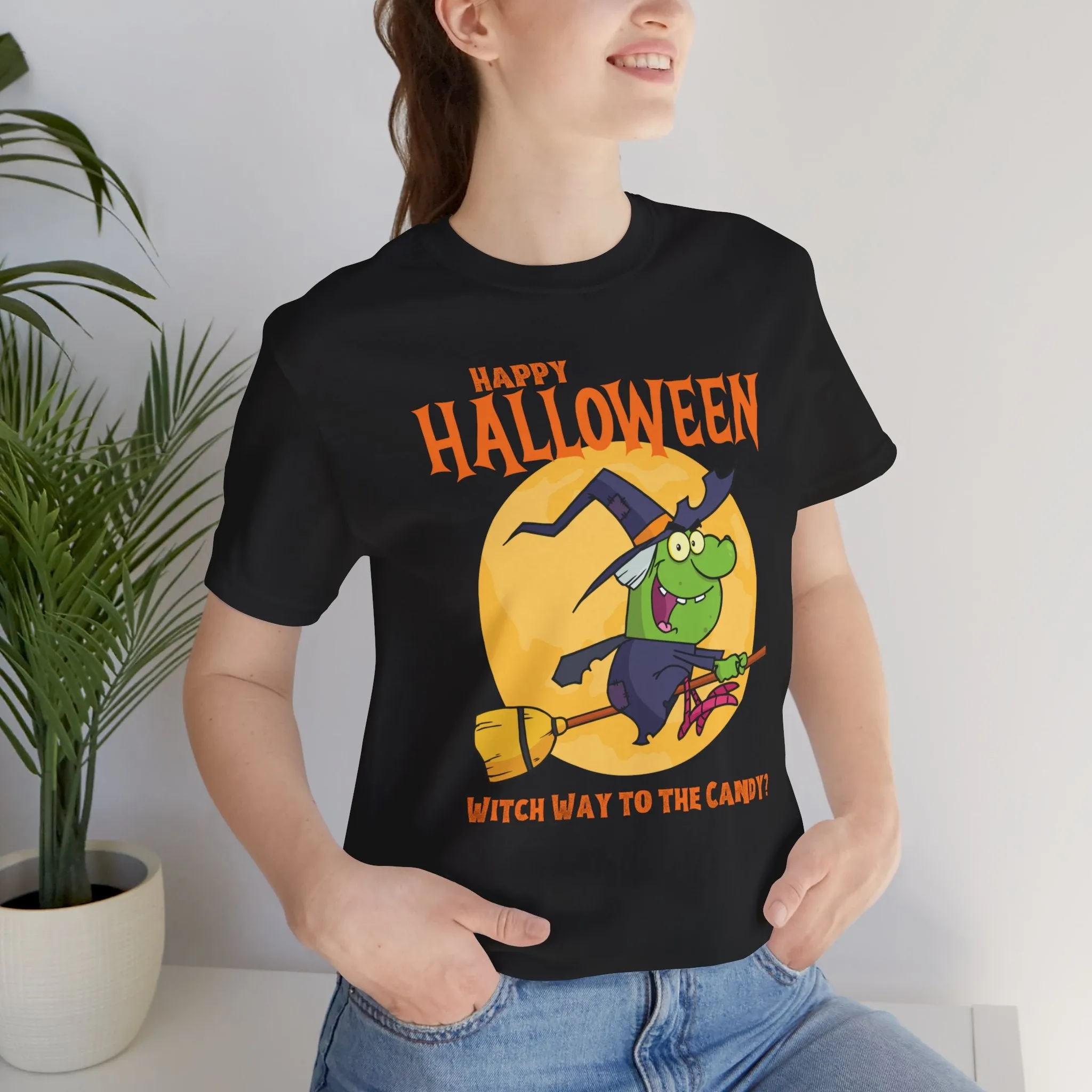 Happy Halloween Witch Way to the Candy T-Shirt | Flying Witch Front of the Moon Tee |  Bella Canvas 3001Unisex | Funny Short Sleeve Tshirt