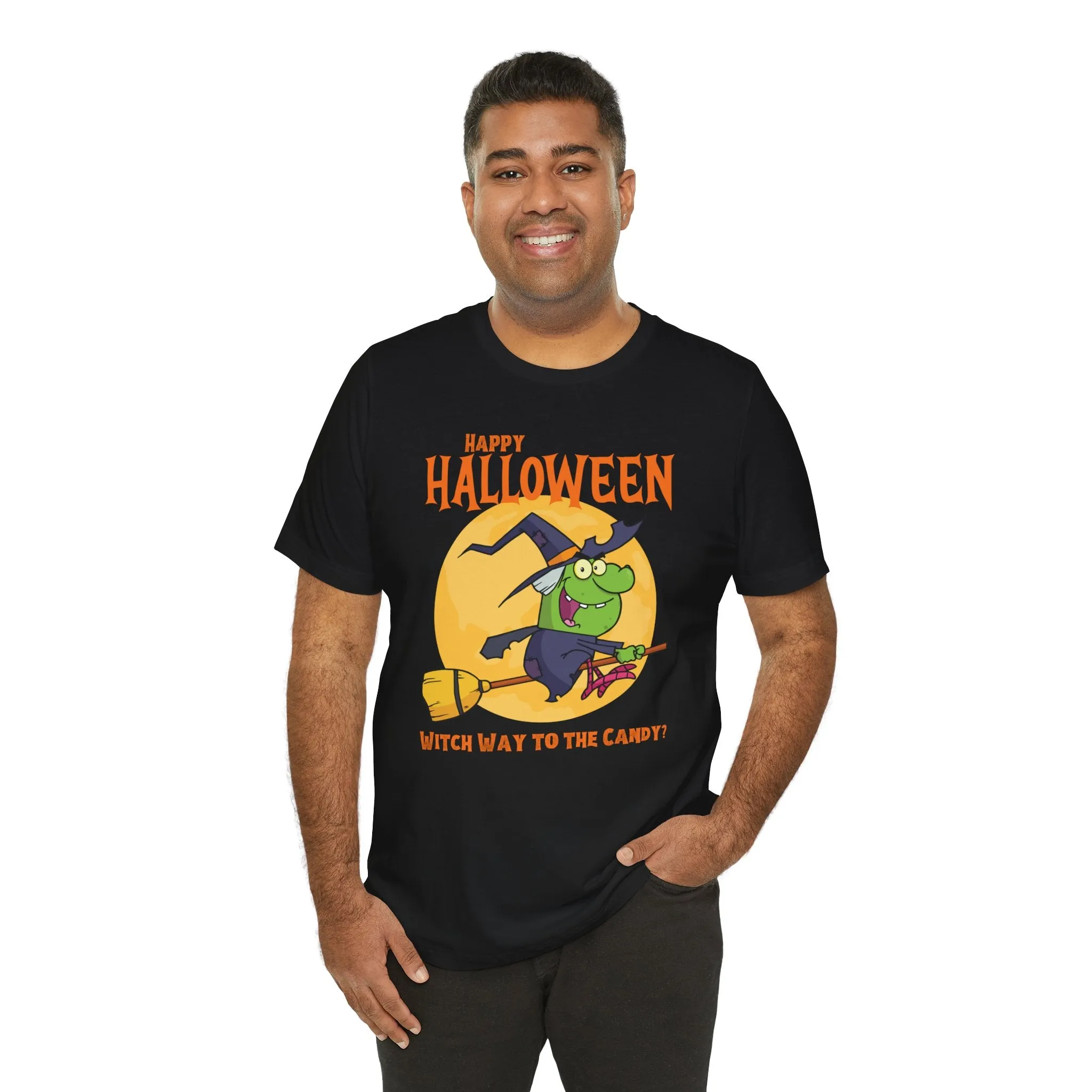 Happy Halloween Witch Way to the Candy T-Shirt | Flying Witch Front of the Moon Tee |  Bella Canvas 3001Unisex | Funny Short Sleeve Tshirt
